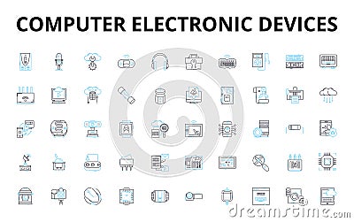 Computer electronic devices linear icons set. Laptop, Desktop, Tablet, Smartph, Server, Router, Modem vector symbols and Vector Illustration