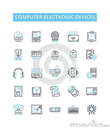 Computer electronic devices vector line icons set. Laptop, Desktop, Monitor, Printer, Keyboard, Mouse, Router Vector Illustration