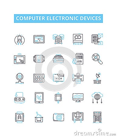 Computer electronic devices vector line icons set. Laptop, Desktop, Monitor, Printer, Keyboard, Mouse, Router Vector Illustration