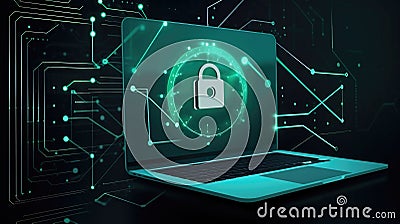 Computer electronic security concept. Neon castle, dark background. AI generated. Stock Photo