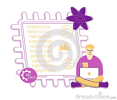 Computer Engineer Male Character Work on Laptop at Huge Microchip with Binary Code Symbol and Ai Technology Vector Illustration