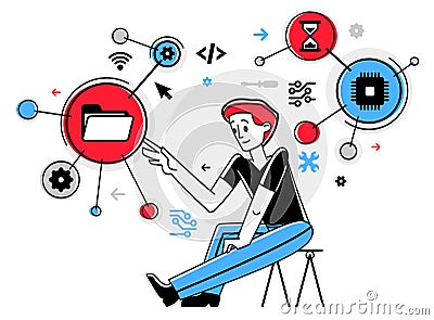 Computer engineer in work vector outline illustration, programmer and system administrator doing his job with some operating Vector Illustration