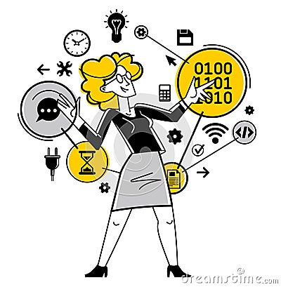 Computer engineer in work vector outline illustration, programmer and system administrator doing his job with some operating Vector Illustration