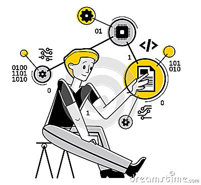 Computer engineer in work vector outline illustration, programmer and system administrator doing his job with some operating Vector Illustration