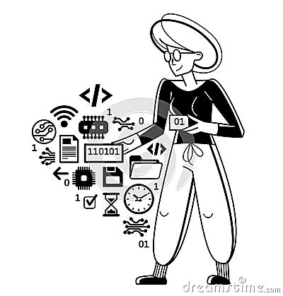 Computer engineer in work vector outline illustration, programmer and system administrator doing his job with some operating Vector Illustration