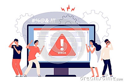 Computer error. Warnings unavailable page users, attention symbol alerts of problem, angry clients near monitor device Vector Illustration