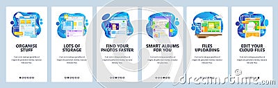 Computer files cloud storage, edit file online, photo upload, orginizer. Mobile app onboarding screens. Menu vector Vector Illustration