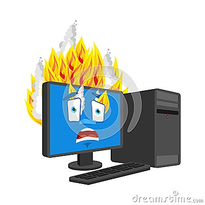 Computer Fire isolated. burning Computer Cartoon Style. data processor panicked Vector Vector Illustration