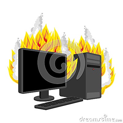 Computer Fire isolated. burning Computer. data processor Vector Vector Illustration