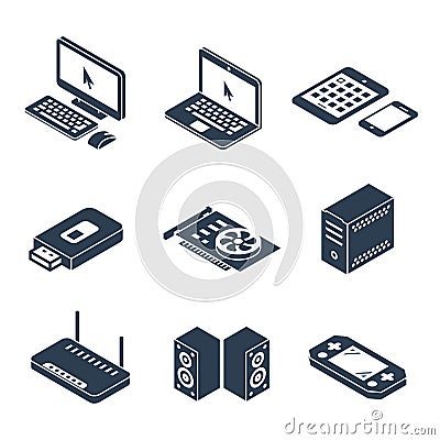 Computer, gadgets and hardware isometric icons Vector Illustration