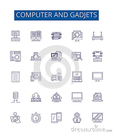 Computer and gadjets line icons signs set. Design collection of Hardware, Software, Networking, Laptops, Monitors Vector Illustration