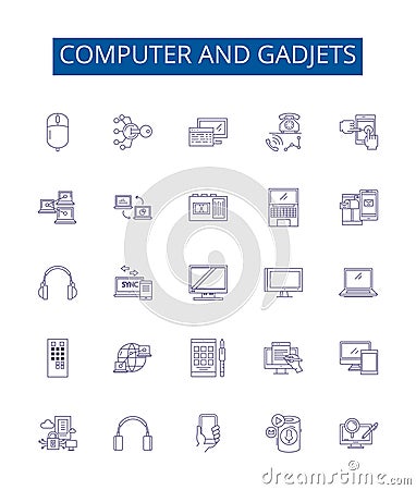 Computer and gadjets line icons signs set. Design collection of Hardware, Software, Networking, Laptops, Monitors Vector Illustration