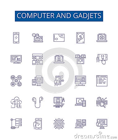 Computer and gadjets line icons signs set. Design collection of Hardware, Software, Networking, Laptops, Monitors Vector Illustration