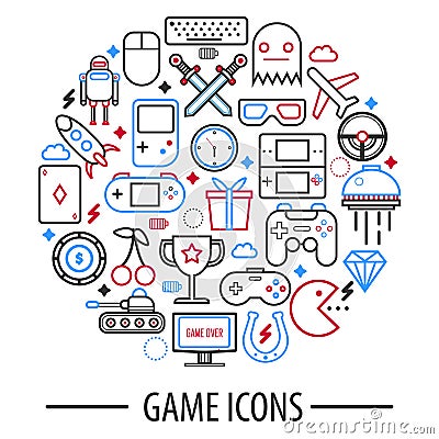 Computer game icons in round circle vector illustration isolated Vector Illustration