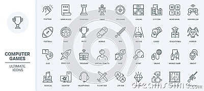 Computer games, gaming technology thin line icons set, race, fight and space simulator Vector Illustration