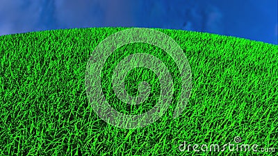 Computer generated abstract background fast running on a round surface with green grass and sky. Top viewing angle. 3d Stock Photo