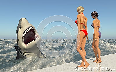 Attractive women watching a great white shark Cartoon Illustration