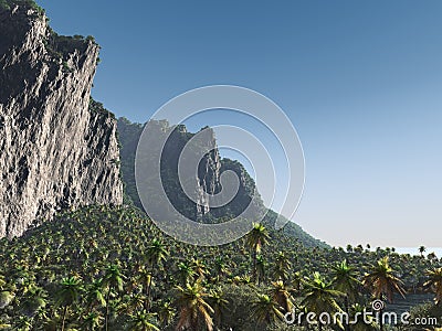 Rocky coastal landscape with palm trees Cartoon Illustration