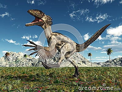 Dinosaur Deinonychus in a landscape Cartoon Illustration