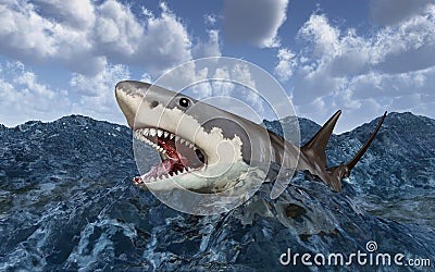Great white shark in the stormy sea Cartoon Illustration