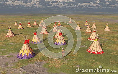 Indian camp in the prairie Cartoon Illustration