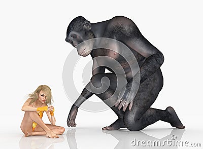 Modern girl with Homo habilis Cartoon Illustration