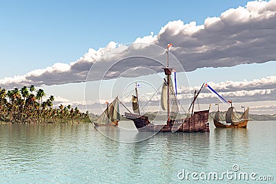 Santa Maria, Nina and Pinta of Christopher Columbus in front of an island Cartoon Illustration