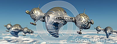 Spacecrafts over the clouds Cartoon Illustration