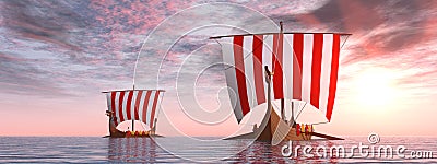 Viking ships at sunrise Cartoon Illustration