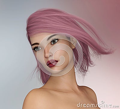 Young woman with blowing violet hair Cartoon Illustration