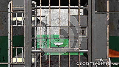 Computer generated grim prison interior through bars 3d rendering background Stock Photo