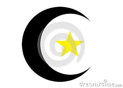 A bright yellow five point star within a black crescent moon white backdrop Cartoon Illustration