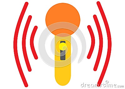 A bright yellow golden microphone emitting red soundwaves white backdrop Cartoon Illustration