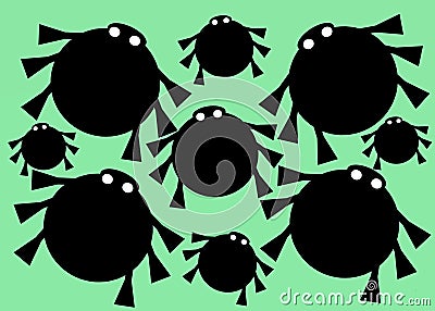 Duplicates of all black silhouette of six legged bugs light green backdrop Cartoon Illustration