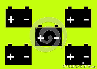 Five simple icons symbols shapes of a car cell battery against a bright luminous lime green yellow backdrop Cartoon Illustration