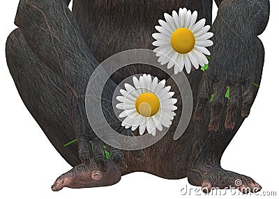 A closeup illustration on the lower torso of a primate monkey holding two daisy flowers in its hands Cartoon Illustration