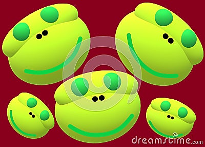 Many several cute three dimensional heads of a lime green cartoon monster smiling maroon backdrop Cartoon Illustration