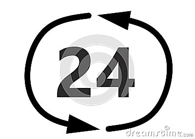 A pair of circulating curved bold black arrows with the number 24 within white backdrop Cartoon Illustration