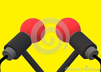 A pair of identical 3D red microphones with grey handle and black wiring cable stand bright yellow backdrop Cartoon Illustration