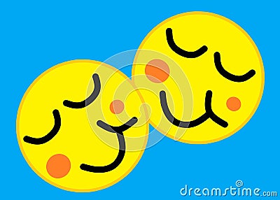 A pair of identical yellow emoticons smileys face expression of pride and satisfaction light blue turquoise backdrop Cartoon Illustration