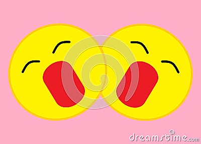 A pair of identical yellow smiley emoticons heads faces with an opened mouth and closed eyes expression light pink rose back Cartoon Illustration