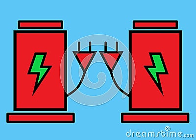 A pair of mirrored bright red simple symbol shape sign of an electrical charging point light blue turquoise backdrop Cartoon Illustration