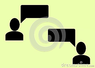 A pair of silhouette simple outline shapes of two persons talking with a speech dialog box light lime green yellow backdrop Cartoon Illustration