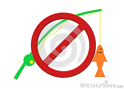 A red prohibition sign over a bright green fishing rod hooked up on an orange fish fishing white backdrop Cartoon Illustration