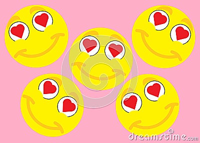 A series of duplicate happy delighted smiling emoticon smiley yellow faces with heart eye pupils rose light pink backdrop Cartoon Illustration
