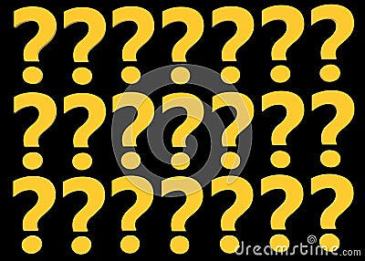 Several golden yellow question marks punctuation orderly aligned horizontally and vertically black backdrop Cartoon Illustration
