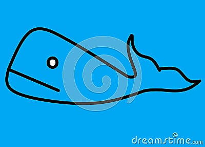 A simple black outline shape kids style drawing of a whale fish turquoise blue backdrop Cartoon Illustration