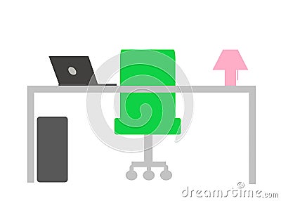 A simple office table set up with server notebook computer chair and table lamp white backdrop Cartoon Illustration