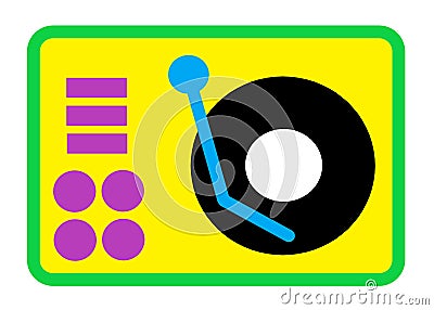 A simple outline shape of a modern music turntable playing a black vinyl record disc white backdrop Cartoon Illustration