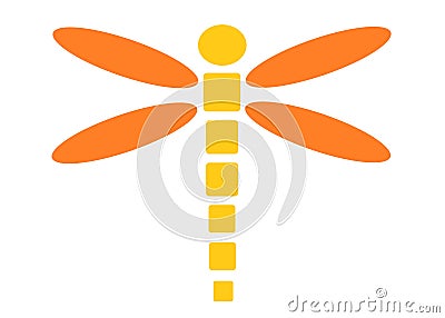 Simple shape symbol of a yellow dragonfly with orange wings white backdrop Cartoon Illustration